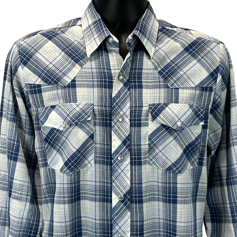 Vintage 80s Saturdays Pearl Snap Button Front Shirt Western Cowboy Blue M Medium